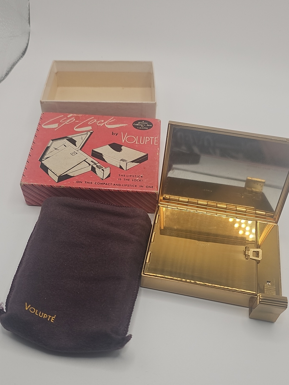 Volupté Lip-Lock Compact Lipstick Case Womens OS Gold Vintage Art Deco 1950s Box